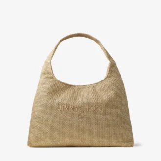 Borsa a tracolla Beach Diamond Hobo Large in rafia metallizzata oro e cappuccino scuro