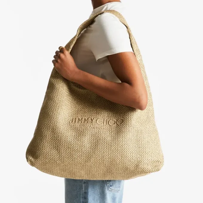 Borsa a tracolla Beach Diamond Hobo Large in rafia metallizzata oro e cappuccino scuro