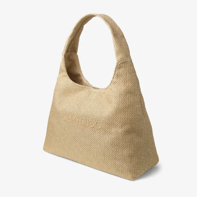 Borsa a tracolla Beach Diamond Hobo Large in rafia metallizzata oro e cappuccino scuro