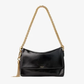 Borsa a tracolla Callie in pelle biker nera lucida con patta