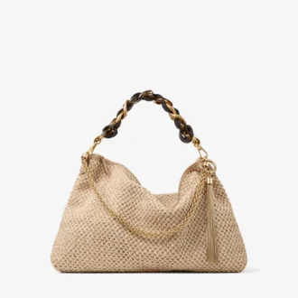 Borsa a tracolla Callie Maxi in rafia naturale e color caffè con tracolla staccabile in pelle nappa intrecciata