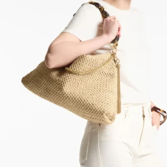 Borsa a tracolla Callie Maxi in rafia naturale e color caffè con tracolla staccabile in pelle nappa intrecciata