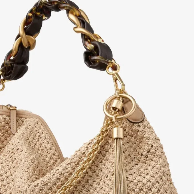 Borsa a tracolla Callie Maxi in rafia naturale e color caffè con tracolla staccabile in pelle nappa intrecciata