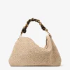 Borsa a tracolla Callie Maxi in rafia naturale e color caffè con tracolla staccabile in pelle nappa intrecciata