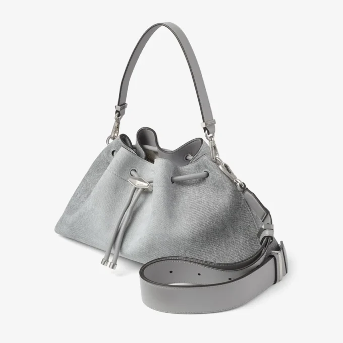 Borsa a tracolla Cinch Medium in denim color tortora e pelle di vitello liscia Borsa a tracolla Cinch Medium in denim color tortora e pelle di vitello liscia