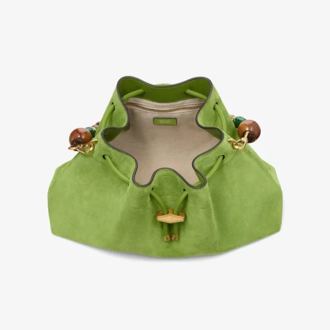 Borsa a tracolla Cinch Medium in pelle scamosciata color trifoglio con tracolla intrecciata e perline Borsa a tracolla Cinch Medium in pelle scamosciata color trifoglio con tracolla intrecciata e perline