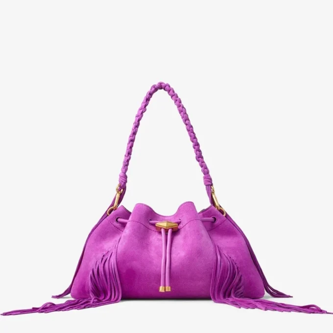Borsa a tracolla Cinch Medium in pelle scamosciata viola orchidea con frange Borsa a tracolla Cinch Medium in pelle scamosciata viola orchidea con frange