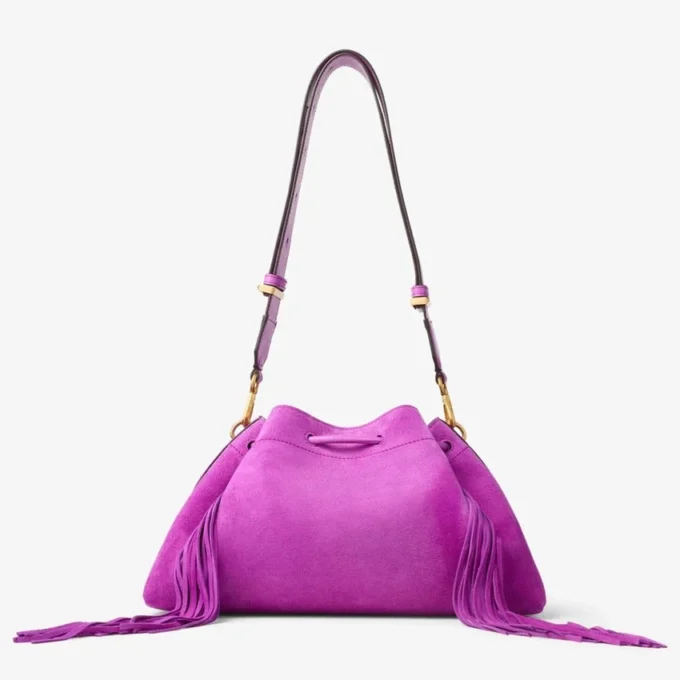 Borsa a tracolla Cinch Medium in pelle scamosciata viola orchidea con frange Borsa a tracolla Cinch Medium in pelle scamosciata viola orchidea con frange