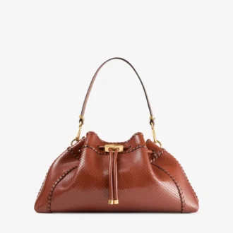 Borsa a tracolla Cinch Medium in pelle stampata Elaphe color cognac con cuciture a punto frusta in pelle Biker