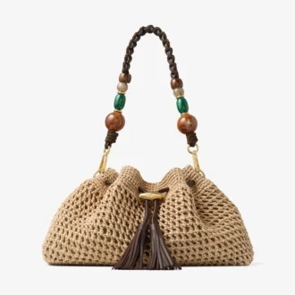 Borsa a tracolla Cinch Medium in rafia lavorata all’uncinetto nei colori naturale e cioccolato con tracolla intrecciata