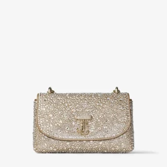 Borsa a tracolla Curve piccola in pelle scamosciata dorata luccicante con cristalli Hotfix