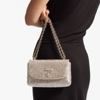 Borsa a tracolla Curve piccola in pelle scamosciata dorata luccicante con cristalli Hotfix