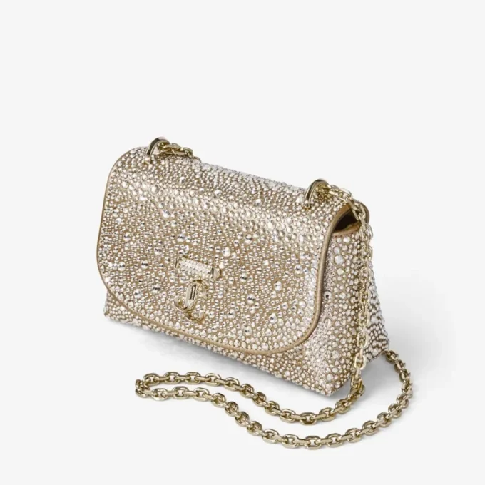 Borsa a tracolla Curve piccola in pelle scamosciata dorata luccicante con cristalli Hotfix Borsa a tracolla Curve piccola in pelle scamosciata dorata luccicante con cristalli Hotfix