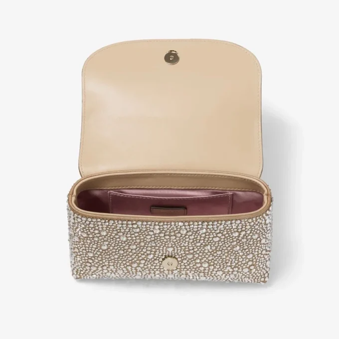 Borsa a tracolla Curve piccola in pelle scamosciata dorata luccicante con cristalli Hotfix Borsa a tracolla Curve piccola in pelle scamosciata dorata luccicante con cristalli Hotfix