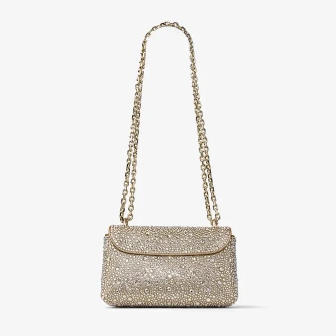 Borsa a tracolla Curve piccola in pelle scamosciata dorata luccicante con cristalli Hotfix Borsa a tracolla Curve piccola in pelle scamosciata dorata luccicante con cristalli Hotfix
