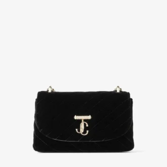 Borsa a tracolla Curve piccola in velluto trapuntato nero con barra Jc in cristallo