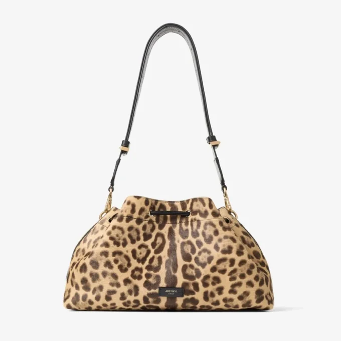 Borsa a tracolla media in cavallino con stampa leopardata naturale Borsa a tracolla media in cavallino con stampa leopardata naturale