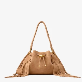 Borsa a tracolla media in pelle scamosciata color caramello con frange