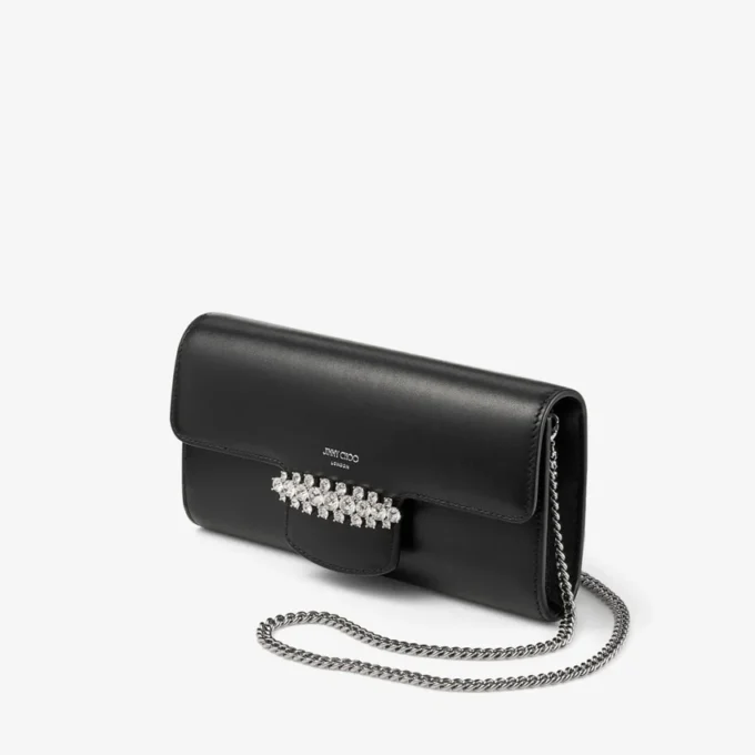 Borsa a tracolla mini in pelle nera con catena e portamonete Bing con elemento in cristallo Borsa a tracolla mini in pelle nera con catena e portamonete Bing con elemento in cristallo