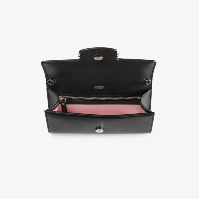 Borsa a tracolla mini in pelle nera con catena e portamonete Bing con elemento in cristallo Borsa a tracolla mini in pelle nera con catena e portamonete Bing con elemento in cristallo