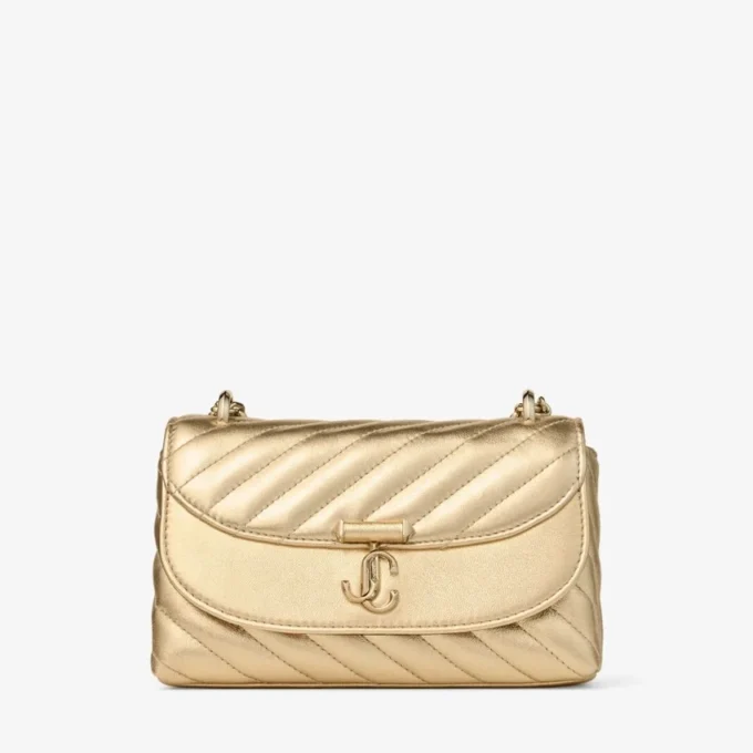 Borsa a tracolla piccola Curve in pelle nappa metallizzata trapuntata dorata Borsa a tracolla piccola Curve in pelle nappa metallizzata trapuntata dorata