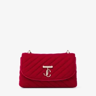 Borsa a tracolla piccola Curve in velluto trapuntato rosso rubino con barra JC in cristallo