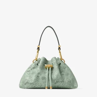 Borsa a tracolla piccola in pelle traforata verde jimmy choo con lacci