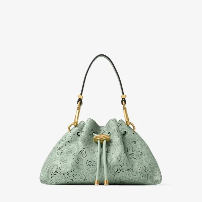 Borsa a tracolla piccola in pelle traforata verde jimmy choo con lacci Borsa a tracolla piccola in pelle traforata verde jimmy choo con lacci