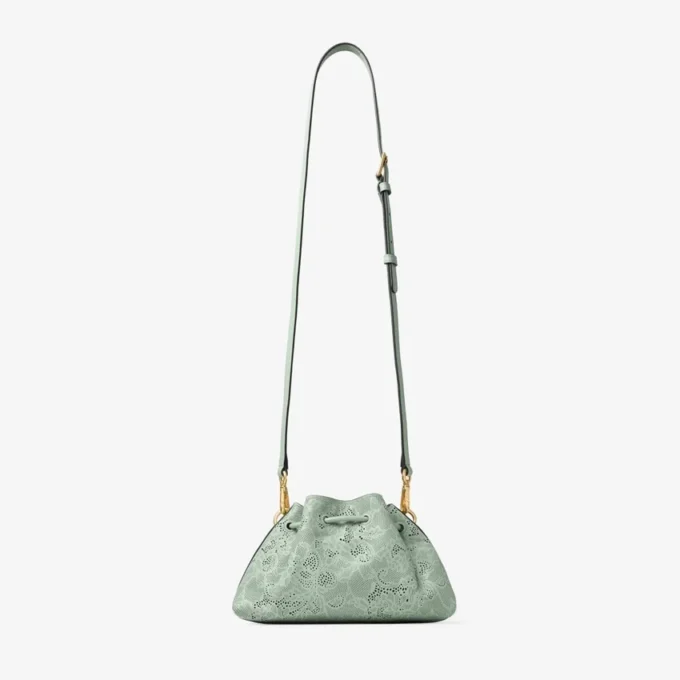 Borsa a tracolla piccola in pelle traforata verde jimmy choo con lacci Borsa a tracolla piccola in pelle traforata verde jimmy choo con lacci
