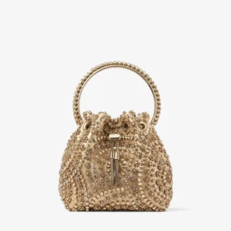 Borsa Bon Bon in nappa metallizzata dorata con ricami in cristallo