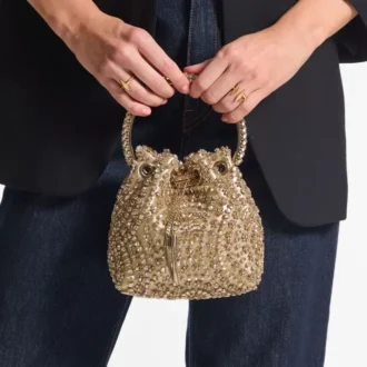 Borsa Bon Bon in nappa metallizzata dorata con ricami in cristallo