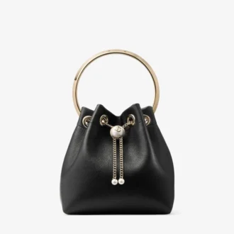 Borsa Bon Bon in pelle nera stile Biker con chiusura a perla