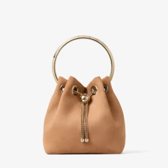 Borsa Bon Bon in pelle scamosciata color caramello con chiusura a sfera in metallo