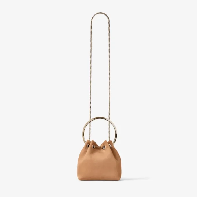 Borsa Bon Bon in pelle scamosciata color caramello con chiusura a sfera in metallo