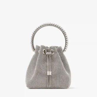 Borsa Bon Bon in raso argentato con rete di cristalli e manico in cristallo