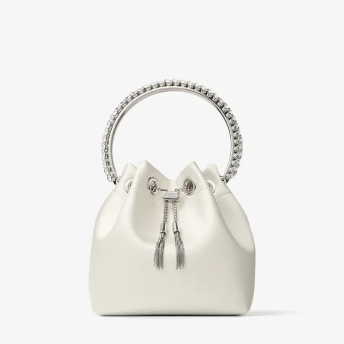 Borsa Bon Bon in raso avorio con manico in cristallo Borsa Bon Bon in raso avorio con manico in cristallo