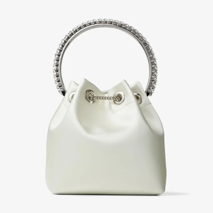Borsa Bon Bon in raso avorio con manico in cristallo Borsa Bon Bon in raso avorio con manico in cristallo