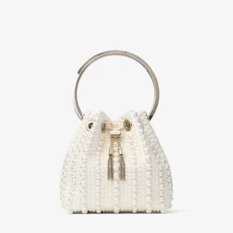 Borsa Bon Bon in raso avorio con perle su tutta la superficie