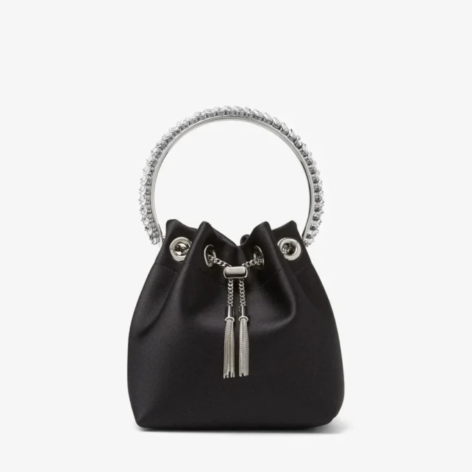 Borsa Bon Bon in raso nero con manico in cristallo