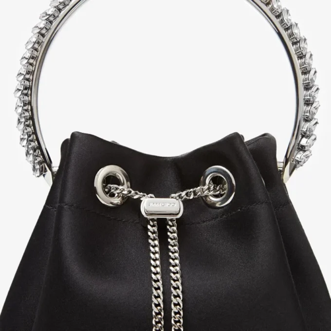 Borsa Bon Bon in raso nero con manico in cristallo