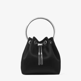 Borsa Bon Bon in raso nero con manico in metallo