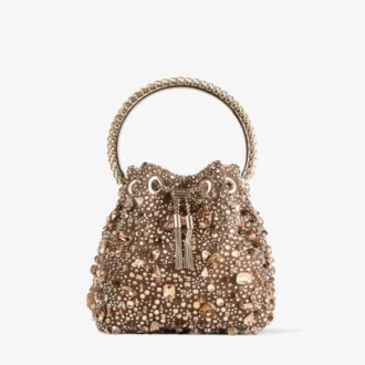 Borsa Bon Bon Tan in rete metallica con cristalli e manico in cristallo