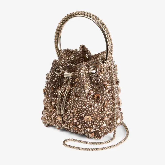 Borsa Bon Bon Tan in rete metallica con cristalli e manico in cristallo Borsa Bon Bon Tan in rete metallica con cristalli e manico in cristallo
