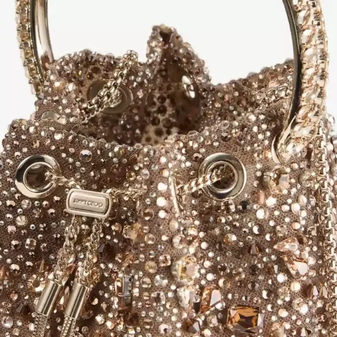 Borsa Bon Bon Tan in rete metallica con cristalli e manico in cristallo Borsa Bon Bon Tan in rete metallica con cristalli e manico in cristallo
