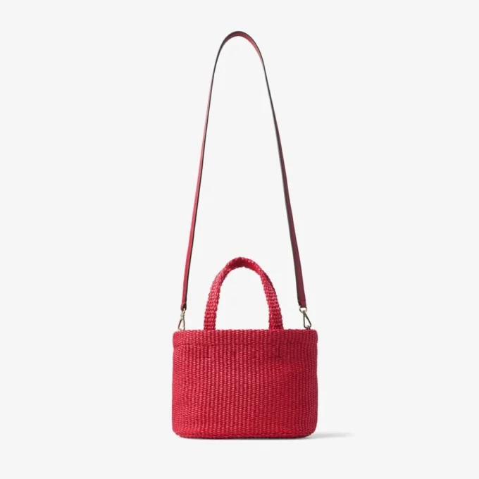 Borsa da spiaggia East-West Mini Borsa da spiaggia mini con manici superiori in rasoia rosso rubino e oro chiaro Borsa da spiaggia East-West Mini Borsa da spiaggia mini con manici superiori in rasoia rosso rubino e oro chiaro