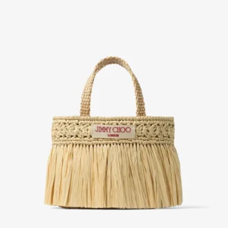 Borsa da spiaggia East-West Mini in rafia intrecciata color naturale e oro chiaro con frange