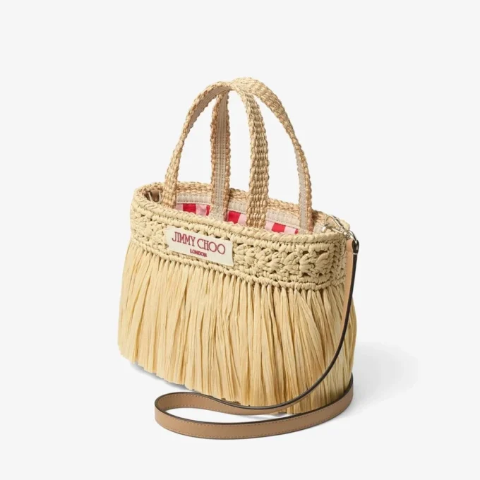 Borsa da spiaggia East-West Mini in rafia intrecciata color naturale e oro chiaro con frange Borsa da spiaggia East-West Mini in rafia intrecciata color naturale e oro chiaro con frange