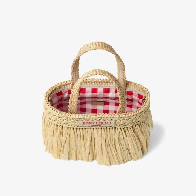 Borsa da spiaggia East-West Mini in rafia intrecciata color naturale e oro chiaro con frange Borsa da spiaggia East-West Mini in rafia intrecciata color naturale e oro chiaro con frange