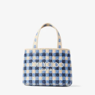 Borsa da spiaggia East-West Mini in rafia mista blu marino e ecrù a quadretti
