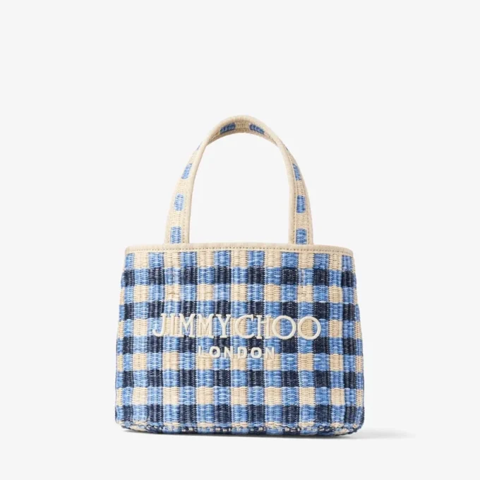 Borsa da spiaggia East-West Mini in rafia mista blu marino e ecrù a quadretti Borsa da spiaggia East-West Mini in rafia mista blu marino e ecrù a quadretti